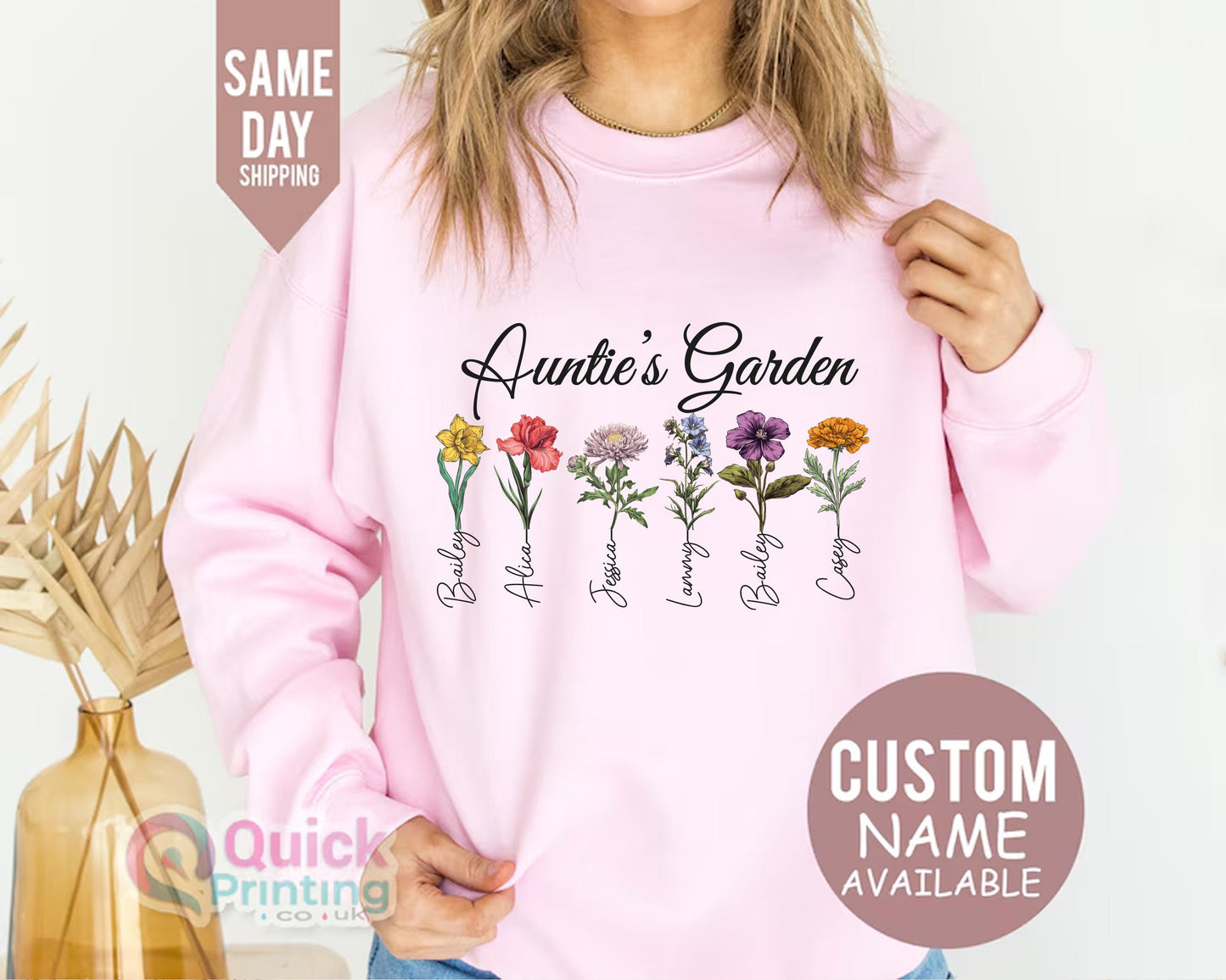 Auntie's Garden Sweatshirt with Custom Birth Flowers, Mom's Garden 2025, Mothers Day Gift from Daughter,Personalized Birth Month Flowers Tee