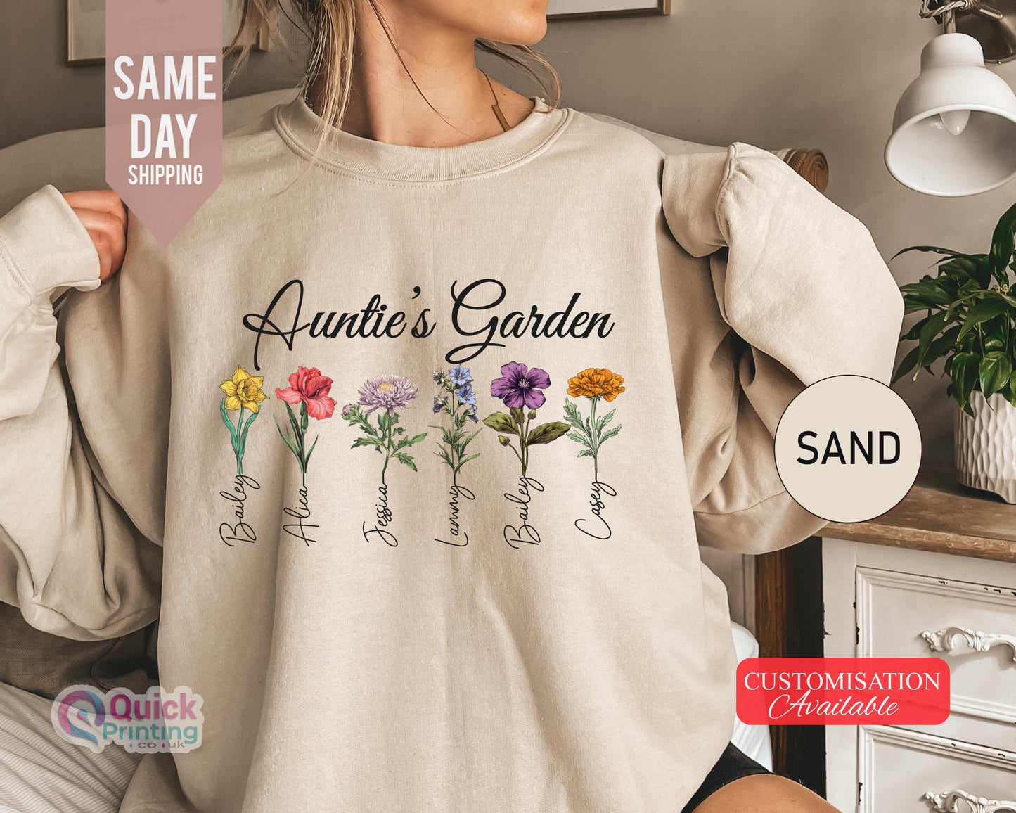 Auntie's Garden Sweatshirt with Custom Birth Flowers, Mom's Garden 2025, Mothers Day Gift from Daughter,Personalized Birth Month Flowers Tee