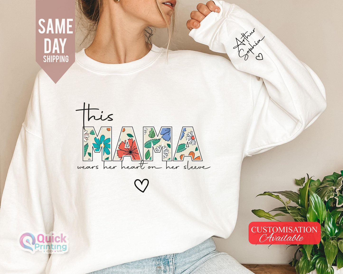 This Mama Wear Her Heart On her Sleeve sweatshirt, Custom Sweatshirt for Mama, I Wear My Heart On My Sleeve, Sweatshirt with Name on Sleeve