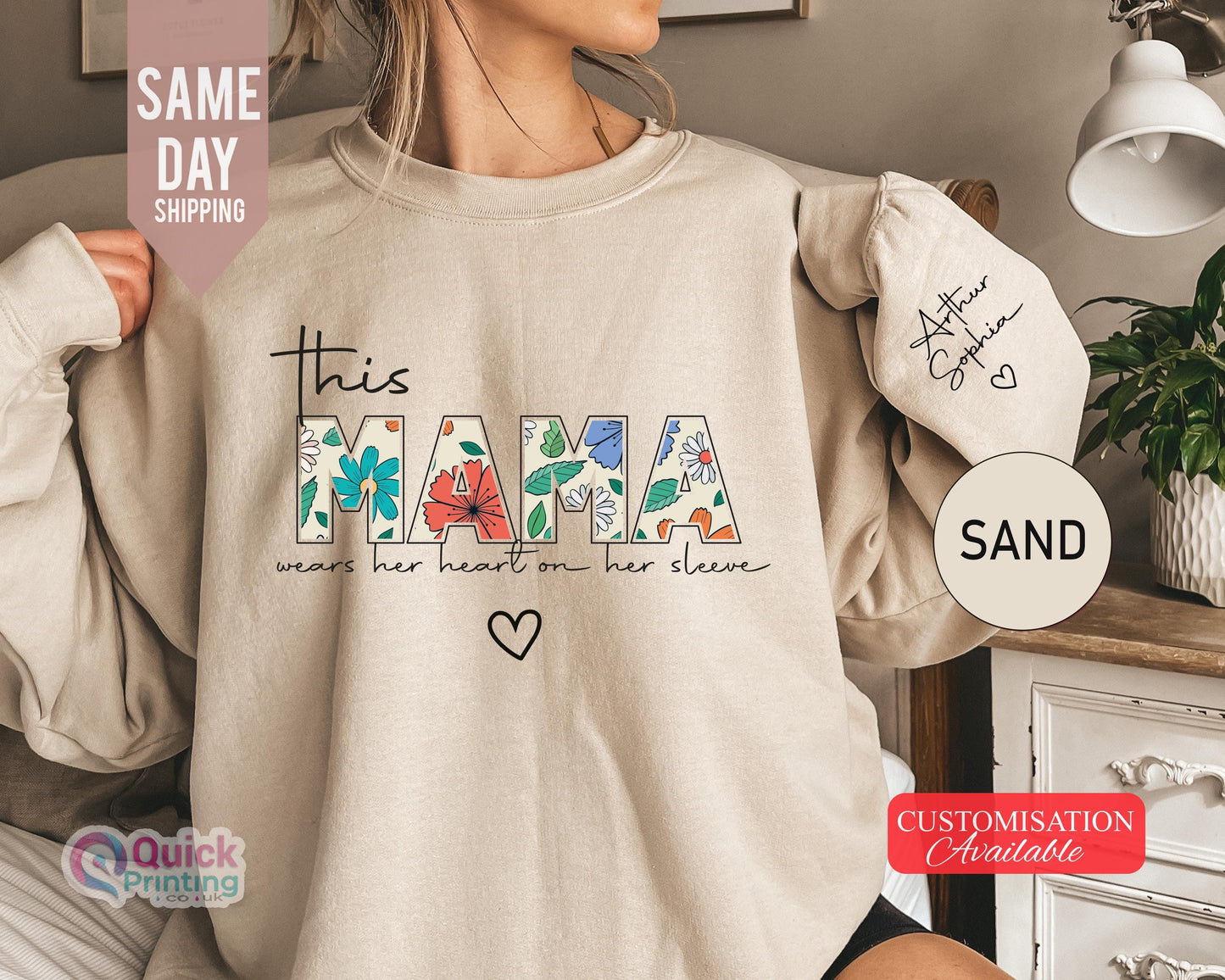 This Mama Wear Her Heart On her Sleeve sweatshirt, Custom Sweatshirt for Mama, I Wear My Heart On My Sleeve, Sweatshirt with Name on Sleeve