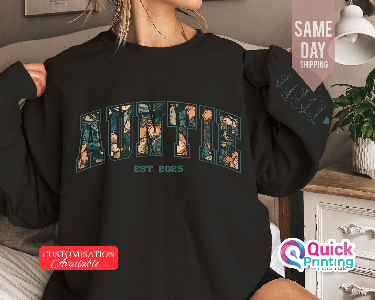 Auntie Sweatshirt, Mothers Day Sweatshirt 2025, Personalised Auntie Sweatshirt with names 2025, Auntie Est with Name On The sleeve Top