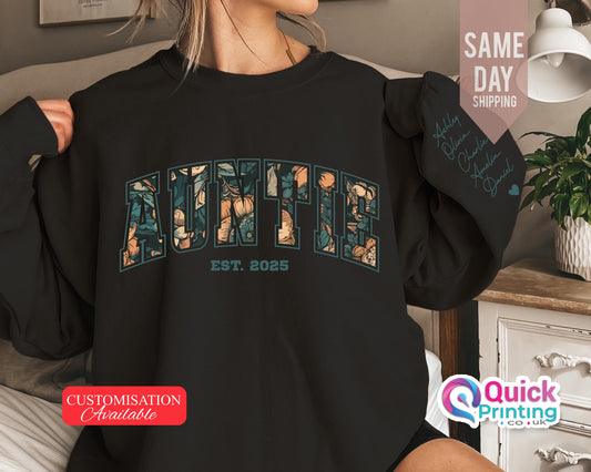 Personalized Auntie Sweatshirt: Custom Name Sleeve, Floral Design