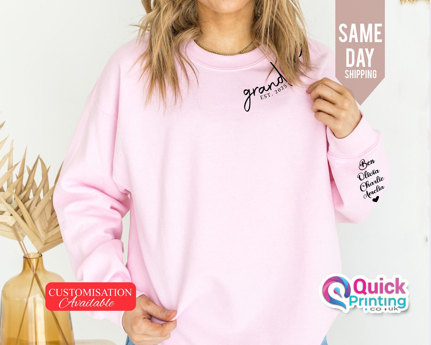 Personalized Grandma Sweatshirt: Est Year, Names on Sleeve