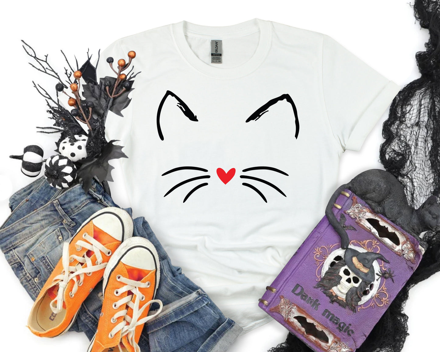Cute Cat Halloween Shirt, Funny Halloween Tshirt Tops, Halloween Party T-Shirt, Gothic Costume, Cat Lover Shirt Gift