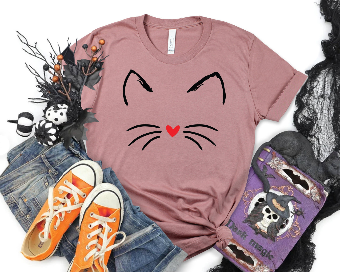 Cute Cat Halloween Shirt, Funny Halloween Tshirt Tops, Halloween Party T-Shirt, Gothic Costume, Cat Lover Shirt Gift