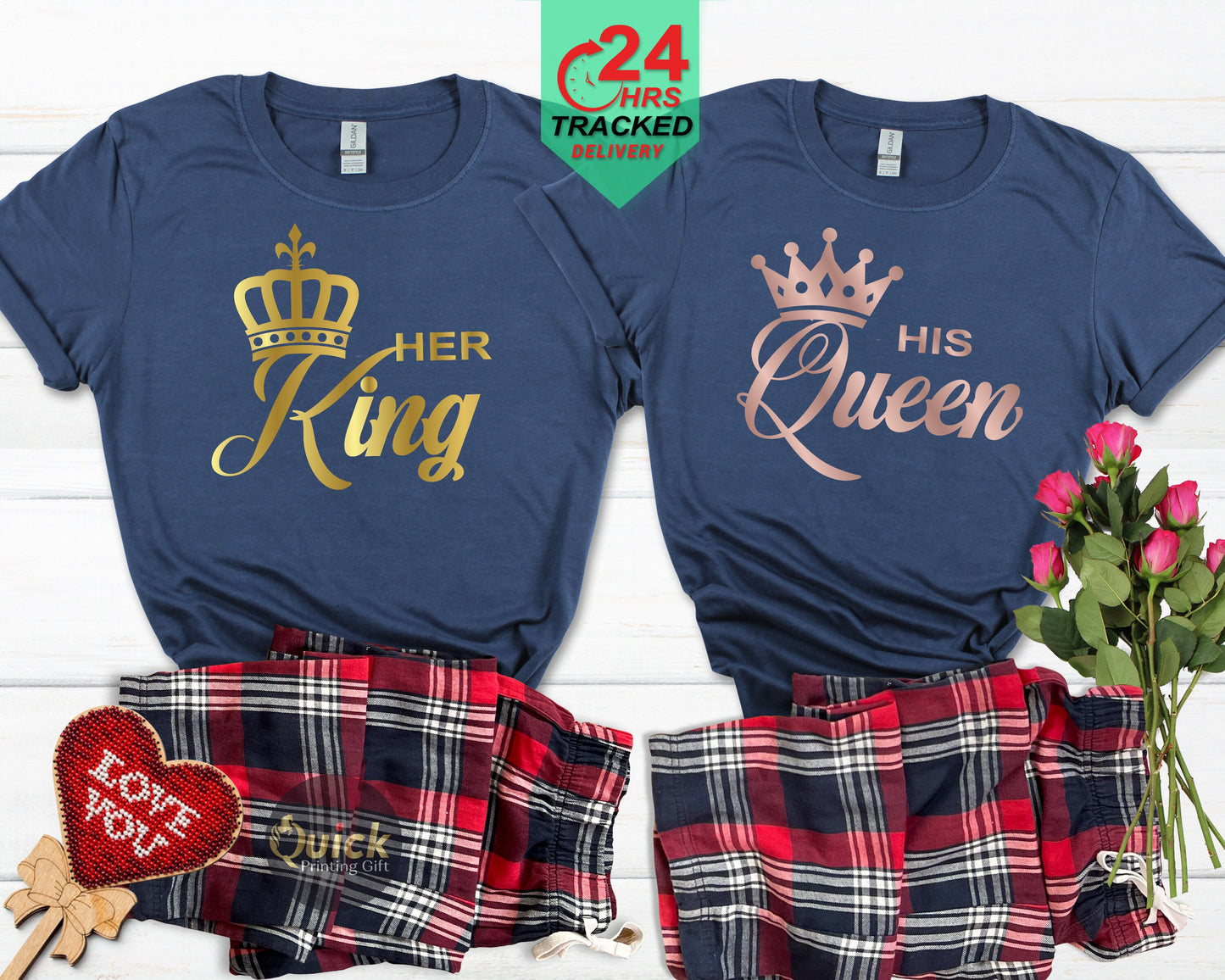 Matching His and Hers King Queen Tartan Pyjamas for him and her Valentines Gift Boyfriend girlfriend Couple matching Christmas Newly wed pjs