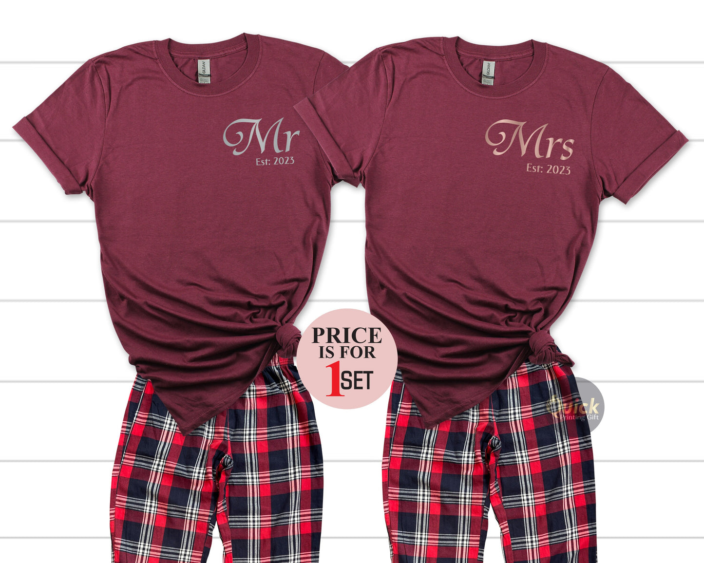 Personalized Mr and Mrs T-Shirt, Couple Christmas Pyjamas Shirts, Bride and Groom Est, Wife And Husband Shirt, Just Married T-Shirt