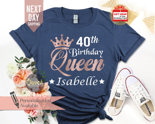 Personalised 40th Birthday Tshirt for Woman, Ladies Birthday Queen TShirts, 40th Birthday Gifts for women, Birthday Gift for Mum Grandma