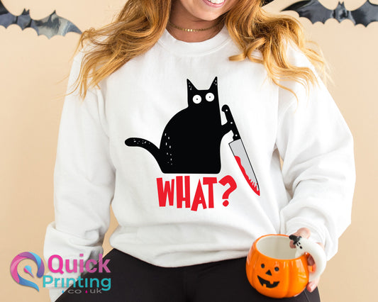 What Black Cat With Knife Scary Halloween Funny Unisex Jumper, Killer Cat Sweatshirt,Cat What Shirt, Funny Black Cat Gift Unisex Shirt 2023