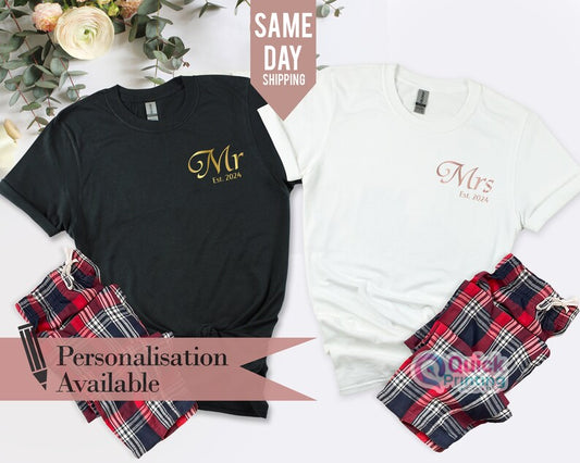 Personalized Mr and Mrs T-Shirt, Couple Christmas Pyjamas Shirts, Bride and Groom Est, Wife And Husband Shirt, Just Married T-Shirt