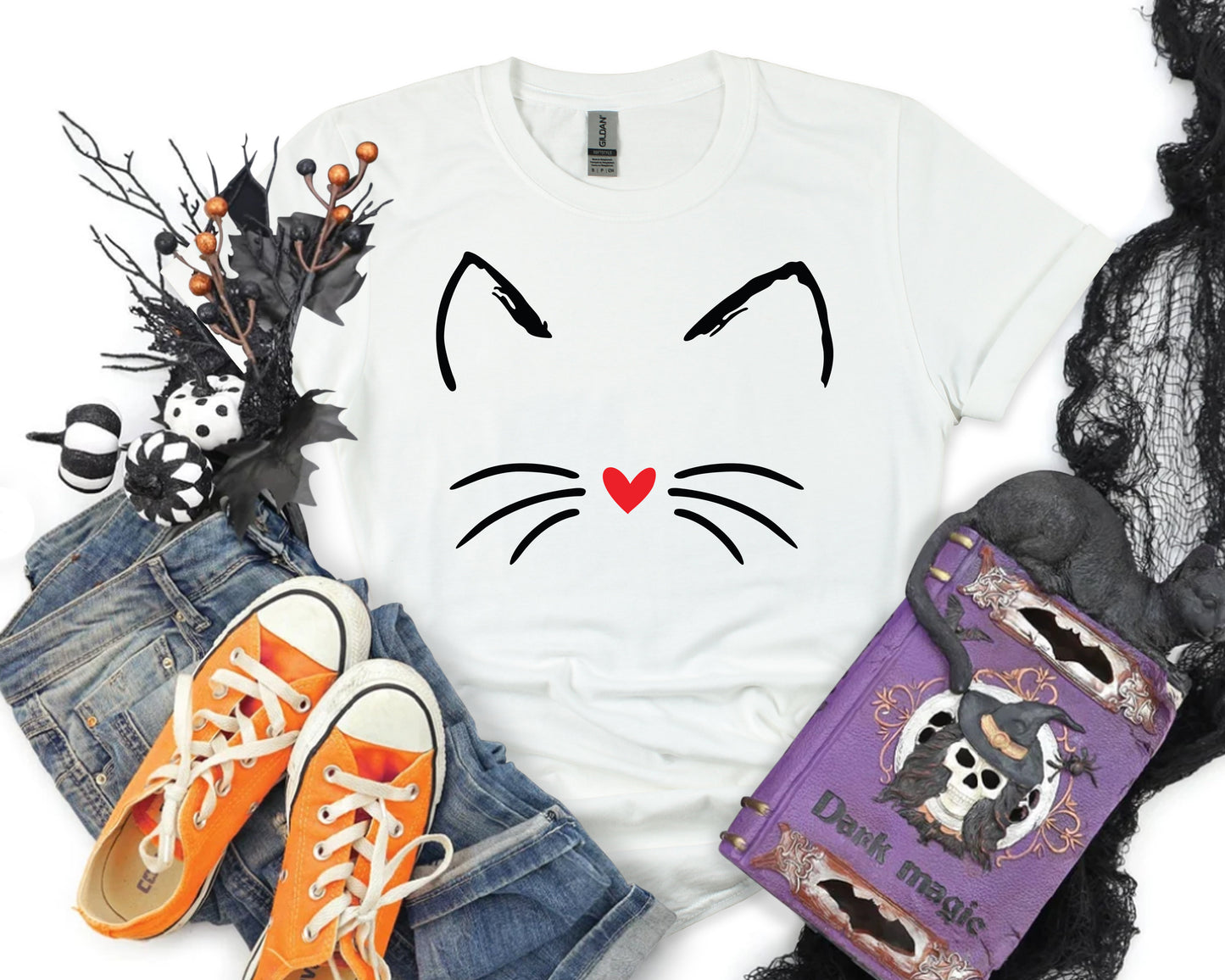 Cute Cat Halloween Shirt, Funny Halloween Tshirt Tops, Halloween Party T-Shirt, Gothic Costume, Cat Lover Shirt Gift