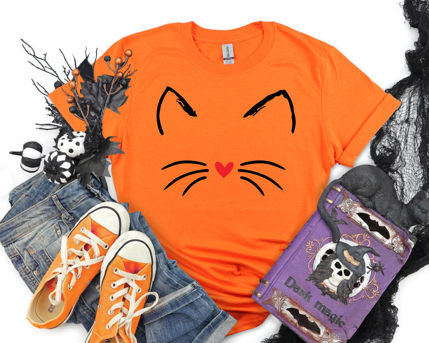 Cute Cat Halloween Shirt, Funny Halloween Tshirt Tops, Halloween Party T-Shirt, Gothic Costume, Cat Lover Shirt Gift