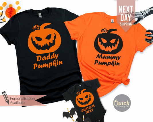 Matching Family Halloween Pumpkin T-Shirts: Mummy, Daddy, Baby