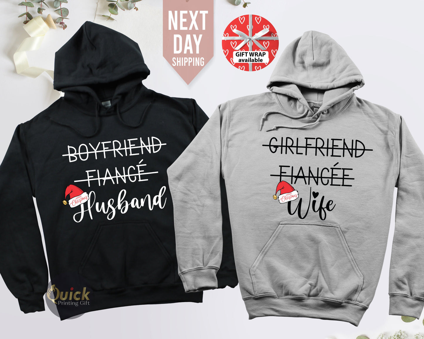 Matching Couple Christmas Hoodie: Hubby & Wifey Sweatshirt