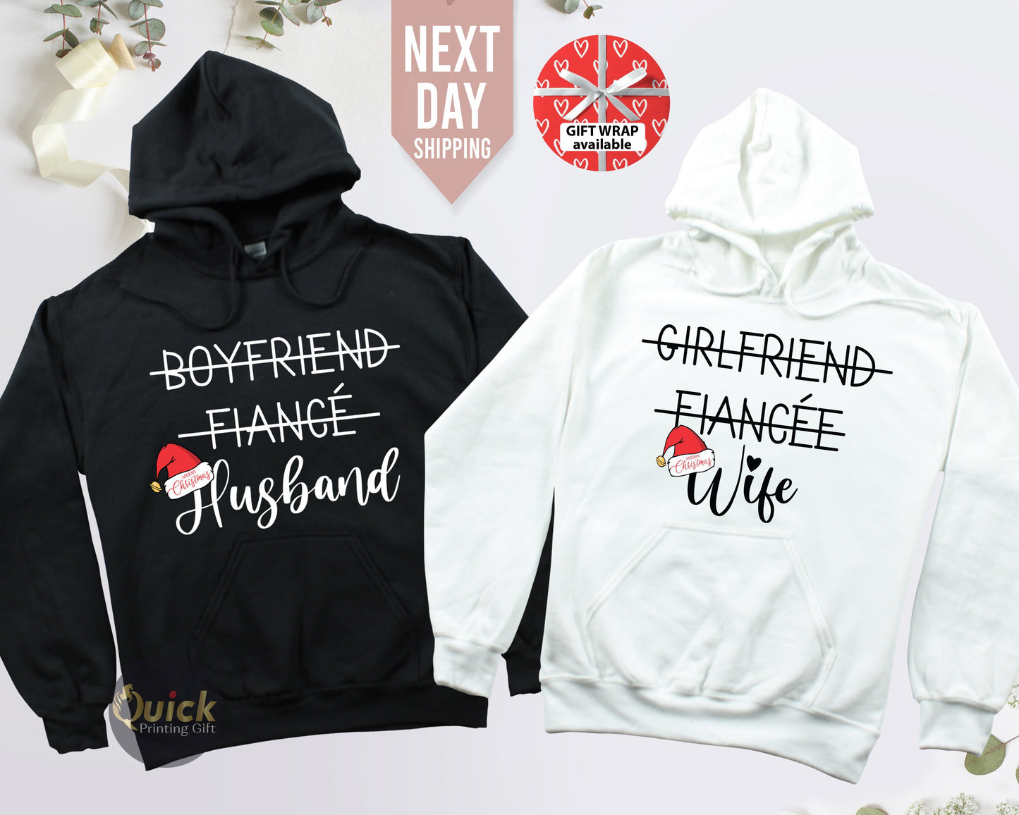 Matching Couple Christmas Hoodie: Hubby & Wifey Sweatshirt