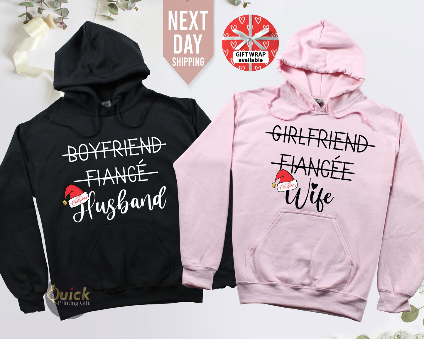 Matching Couple Christmas Hoodie: Hubby & Wifey Sweatshirt