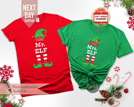 Mr. & Mrs. Elf Christmas Shirt: Matching Couple T-Shirt