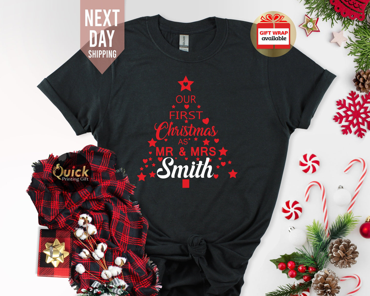 Personalized Couple Christmas T-Shirts: Mr & Mrs Newlywed Gift
