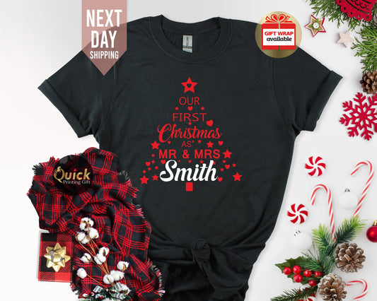 Personalized Couple Christmas T-Shirts: Mr & Mrs Newlywed Gift