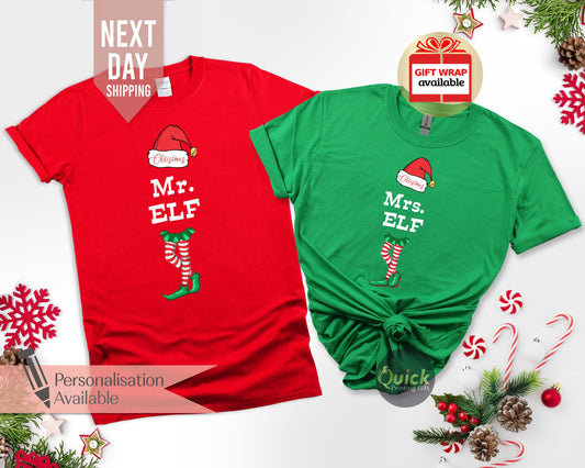 Mr. & Mrs. Elf Christmas Shirt: Matching Couple Cotton T-Shirt