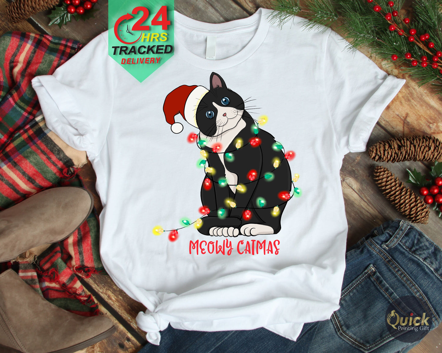 Meowy Christmas Tshirt, Christmas Black Cat Tshirt, Funny Christmas Tshirt for Women Men, Cat Lovers T Shirts, Personalised Christmas Gifts