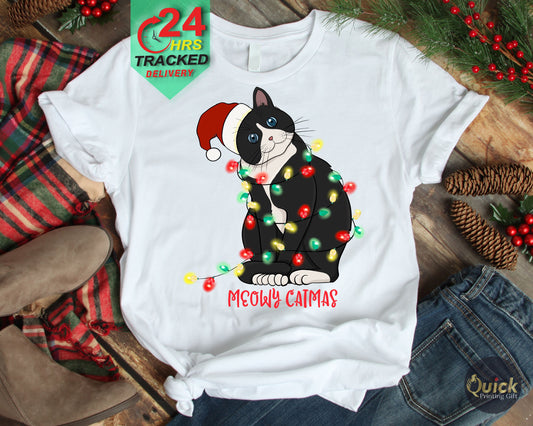 Meowy Christmas Tshirt, Christmas Black Cat Tshirt, Funny Christmas Tshirt for Women Men, Cat Lovers T Shirts, Personalised Christmas Gifts