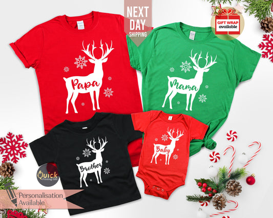 Christmas Reindeer Family Shirts, Personalised Festive Shirt UK, Funny Christmas TShirts for Women Men Kids, Christmas Gift for Kids