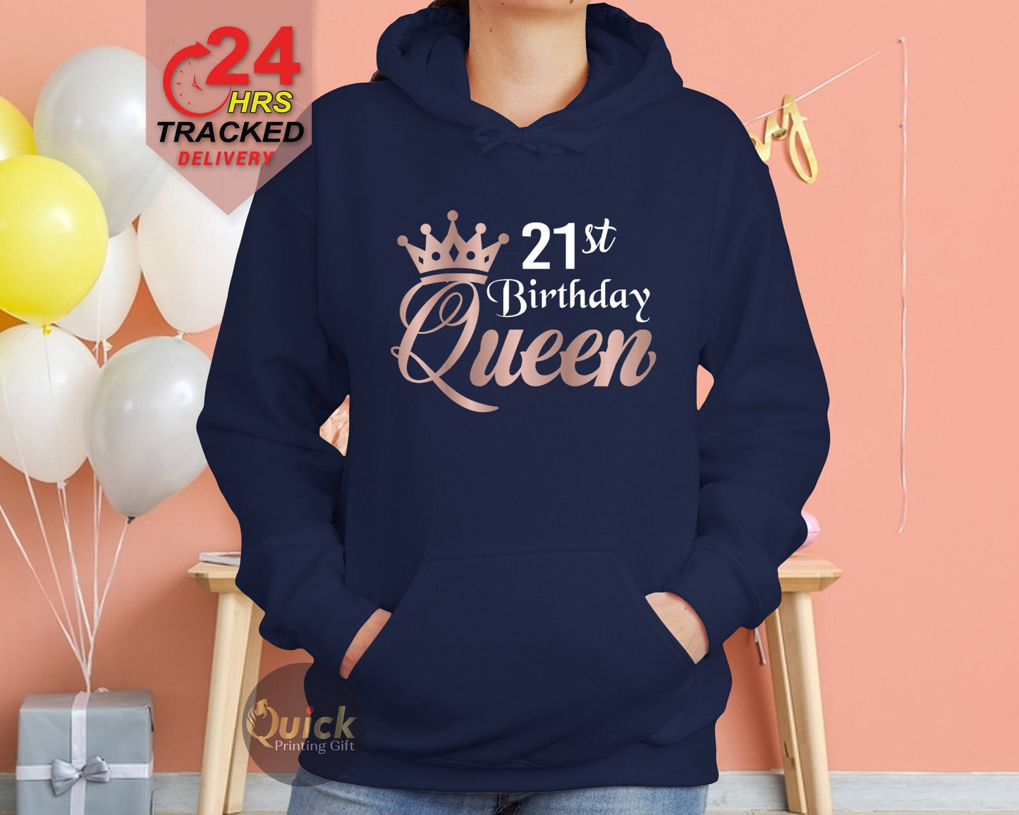 Personalized 21st Birthday Queen Hoodie: Rose Gold Print