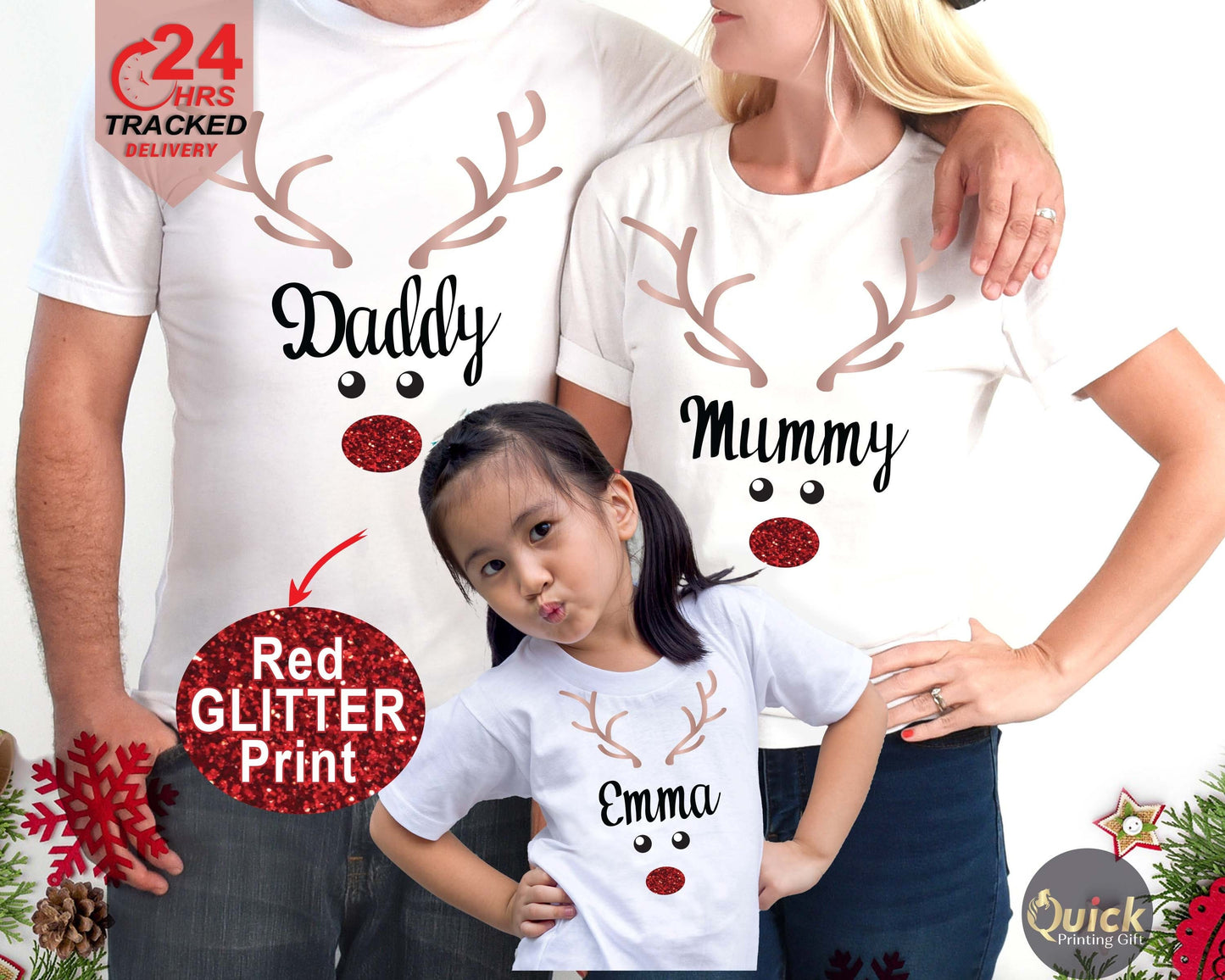 Personalised Name Christmas Reindeer Family Matching T-shirt Shirts, Reindeer Christmas TShirts Family Matching Set Kids Mens Women Children