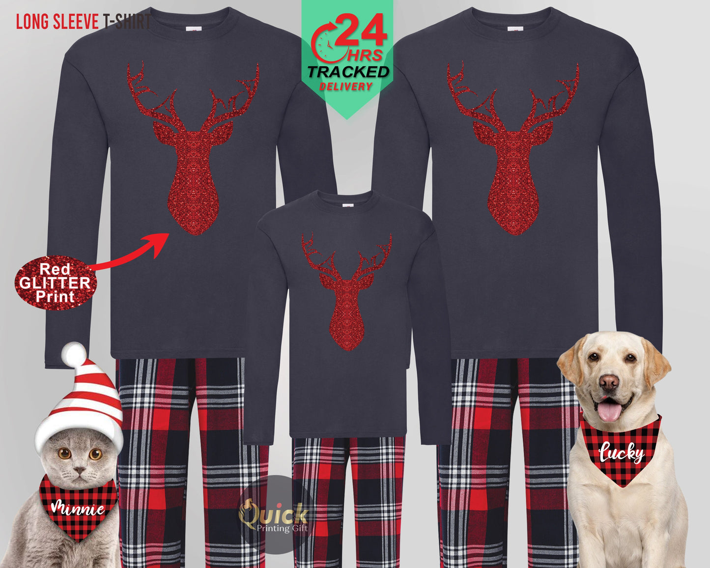 Matching Family Christmas Pajamas: Red Glitter Reindeer, Long Sleeve T-Shirt
