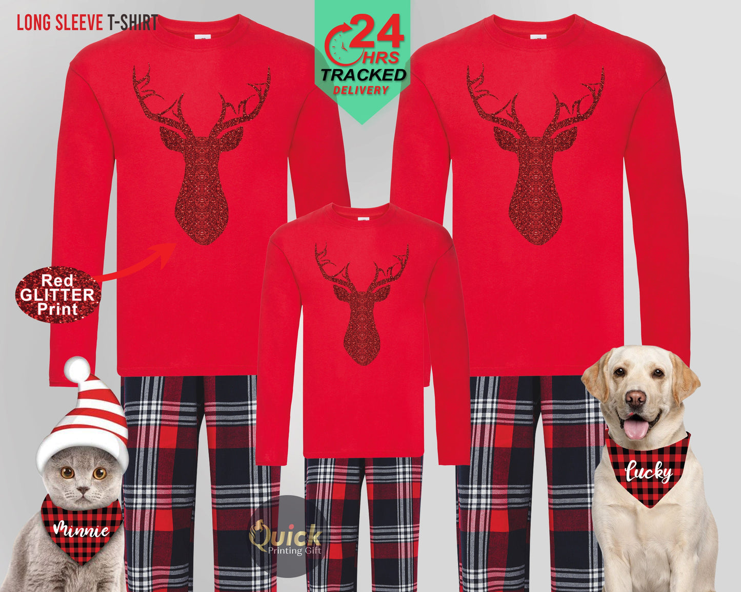 Matching Family Christmas Pajamas: Red Glitter Reindeer, Long Sleeve T-Shirt