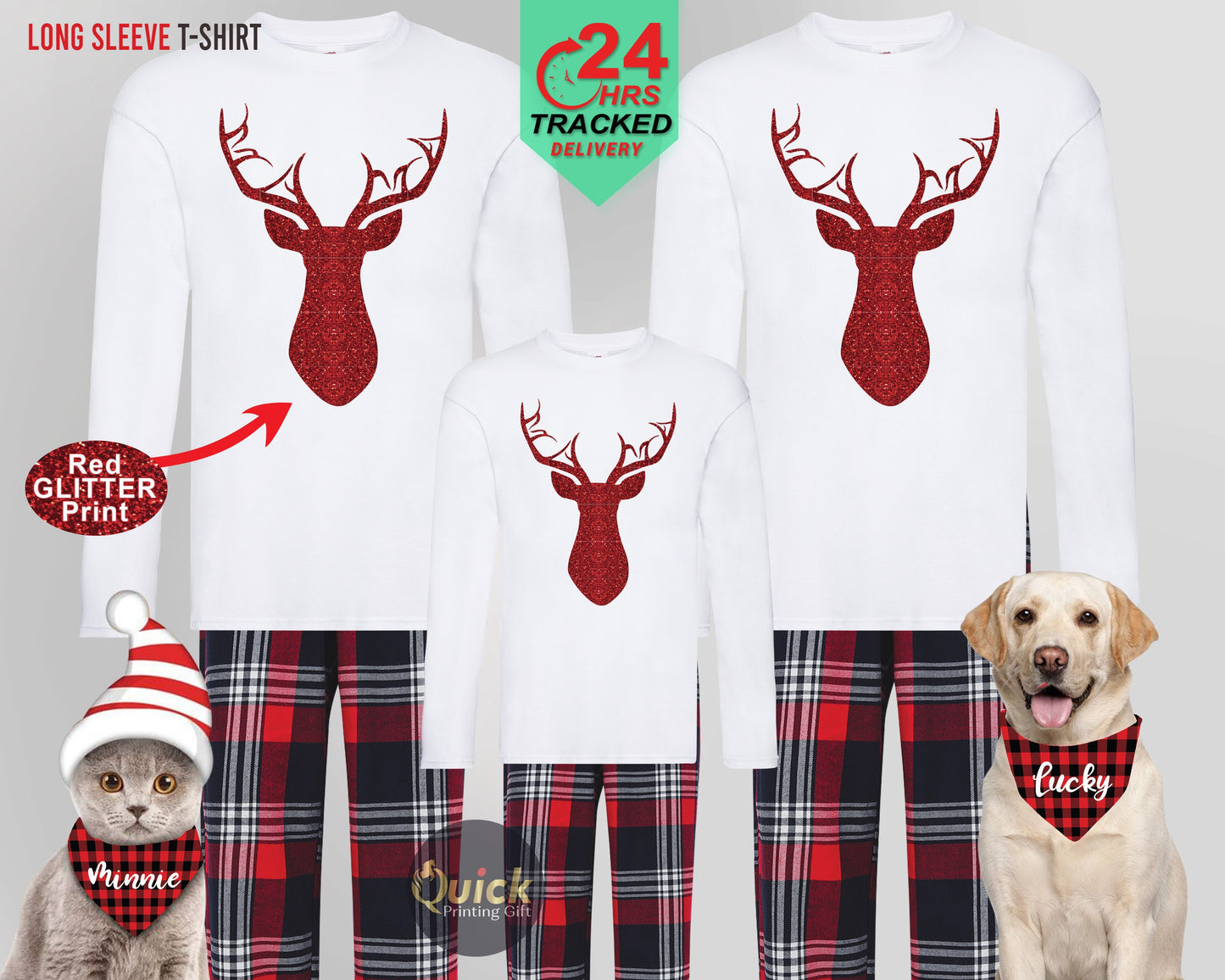 Matching Family Christmas Pajamas: Red Glitter Reindeer, Long Sleeve T-Shirt