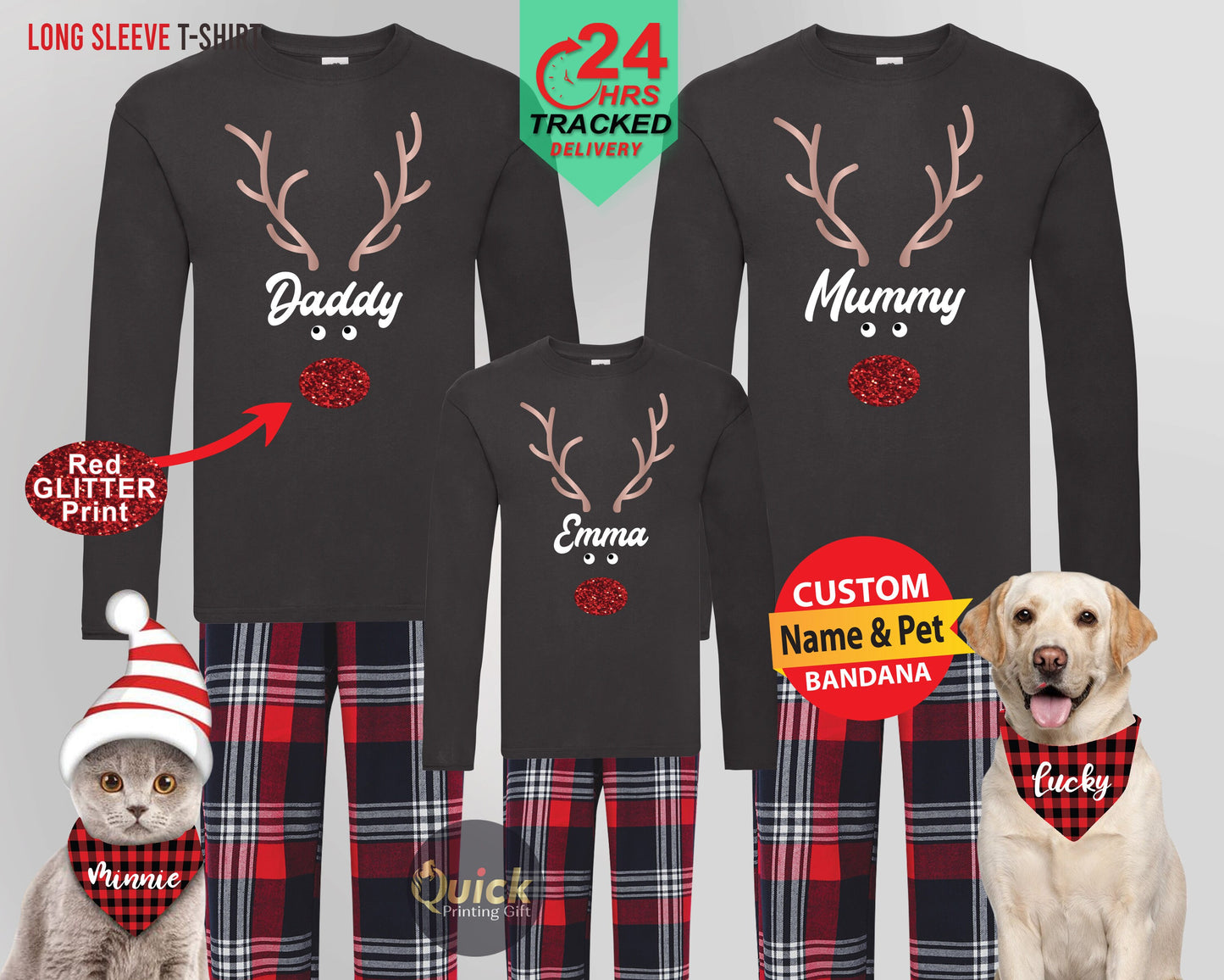 Personalised Family Christmas Pyjamas, Matching Christmas Reindeer Long Sleeve Tshirt, Xmas Couple Pajamas, Christmas Gifts for Dad Mum
