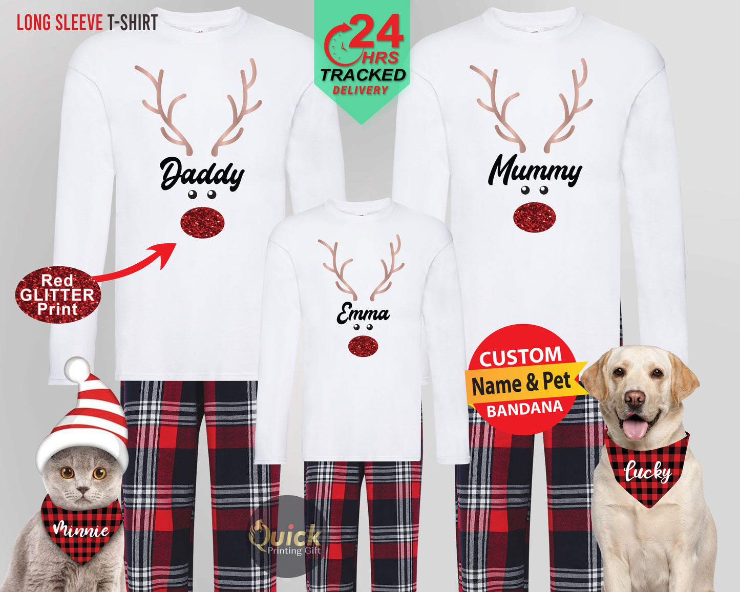 Personalised Family Christmas Pyjamas, Matching Christmas Reindeer Long Sleeve Tshirt, Xmas Couple Pajamas, Christmas Gifts for Dad Mum