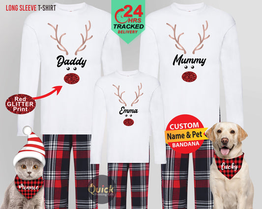 Personalized Family Christmas Pajamas: Reindeer Long Sleeve T-Shirt Set