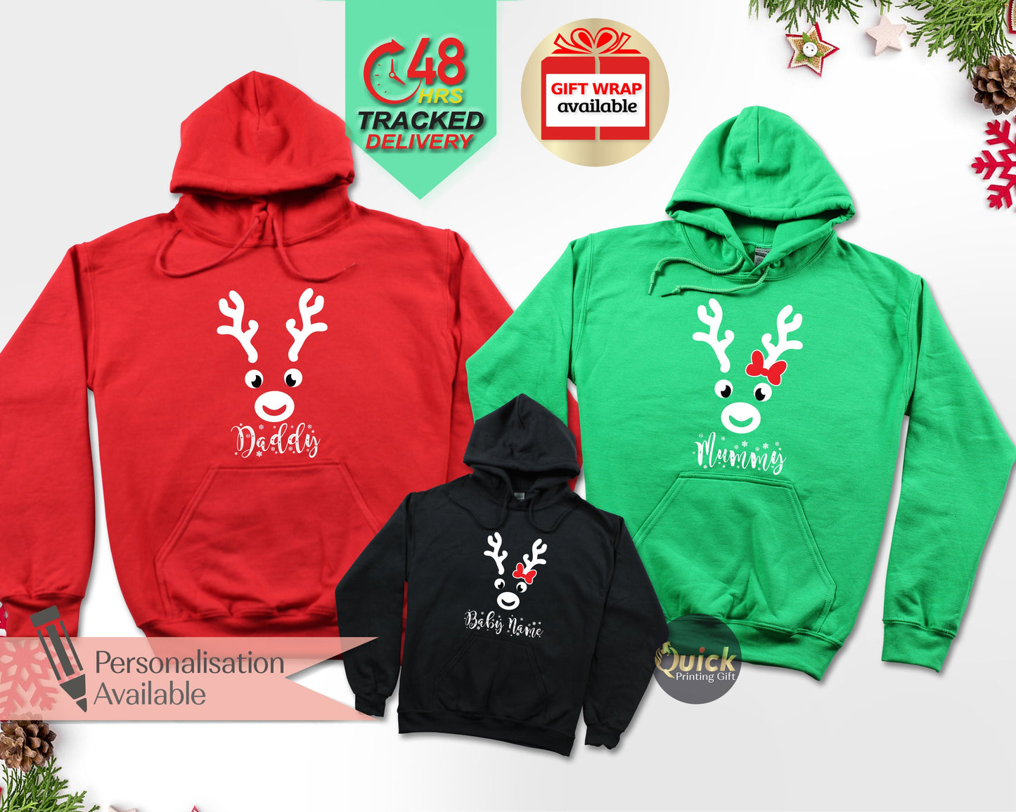Personalized Reindeer Family Christmas Hoodie: Matching Cotton-Blend Outfits