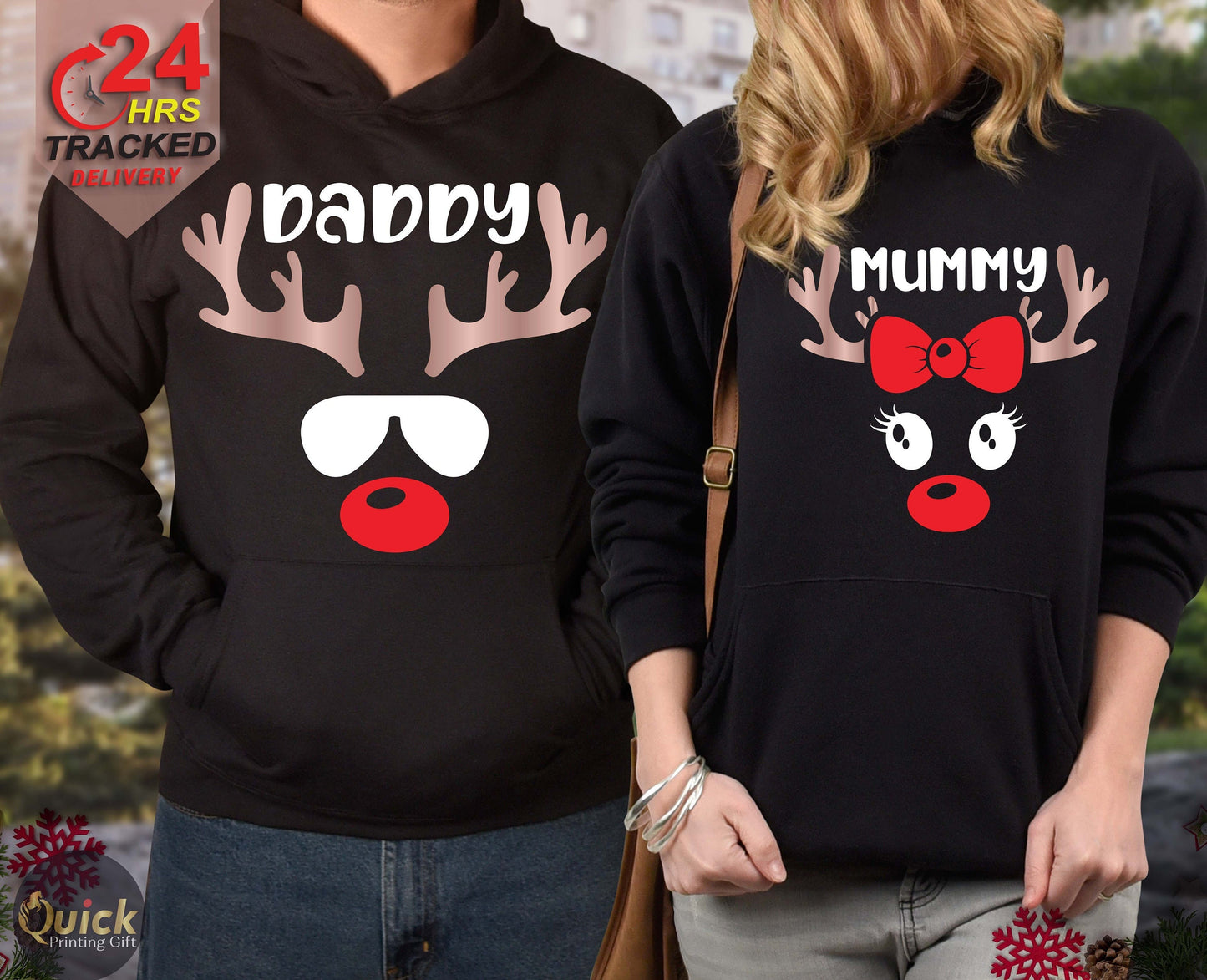 Personalized Reindeer Christmas Family Hoodies: Matching Couple Outfits