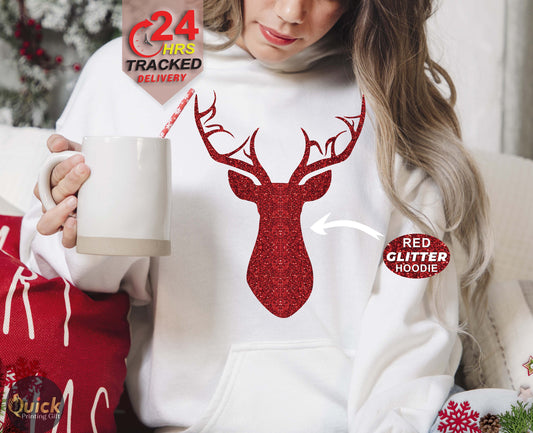 Christmas Reindeer Hoodie: Red Glitter Holiday Sweatshirt