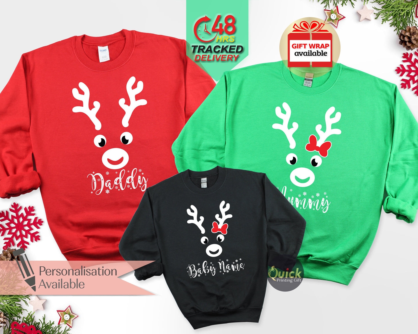 Personalized Reindeer Christmas Sweatshirt: Matching Family Jumpers
