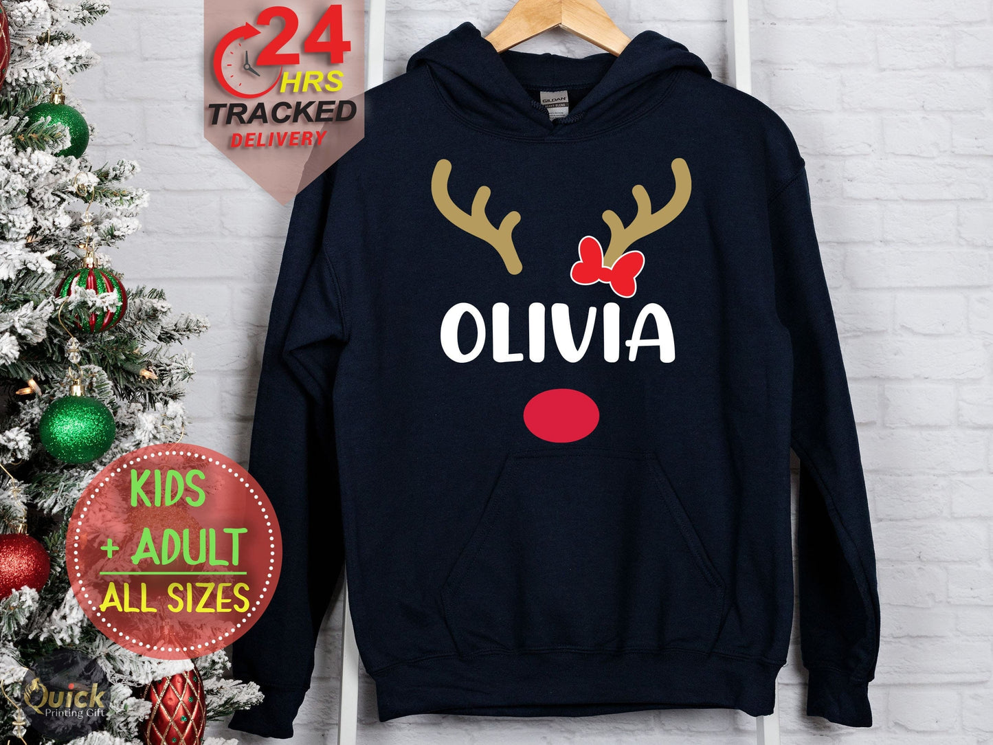 Personalized Family Christmas Hoodie: Reindeer Matching Hooded Jumper