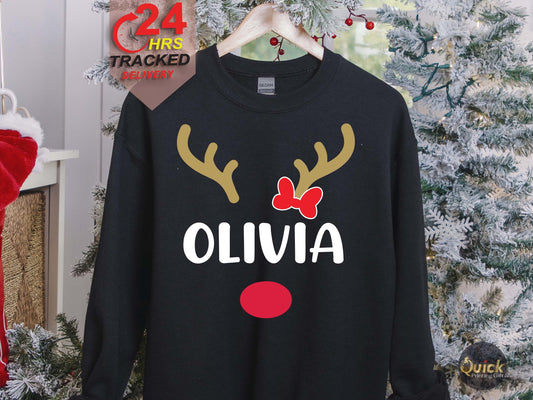 Personalized Reindeer Christmas Family Sweatshirt: Matching Holiday Jumpers