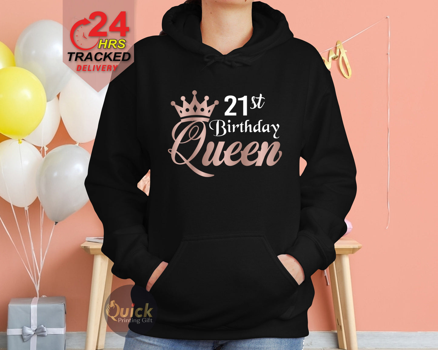 Personalized 21st Birthday Queen Hoodie: Rose Gold Print