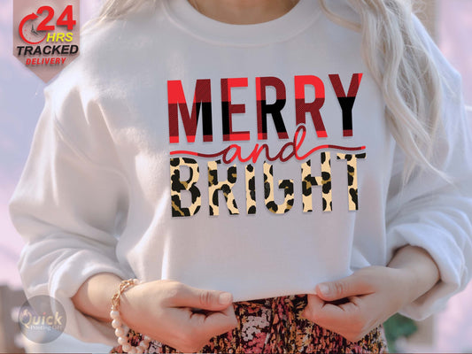 Merry & Bright Christmas Sweatshirt: Buffalo Plaid Leopard Print