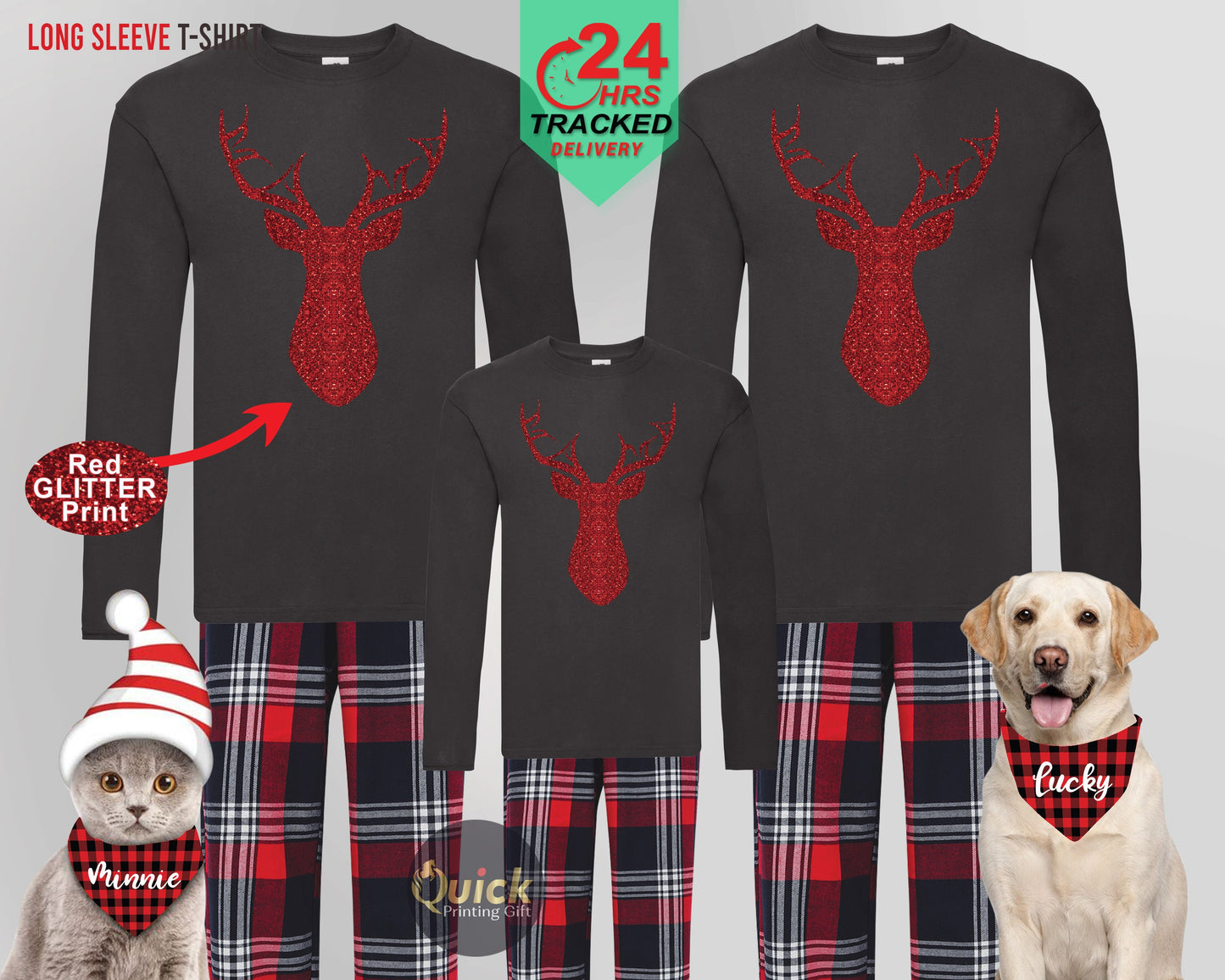 Matching Family Christmas Pajamas: Red Glitter Reindeer, Long Sleeve T-Shirt