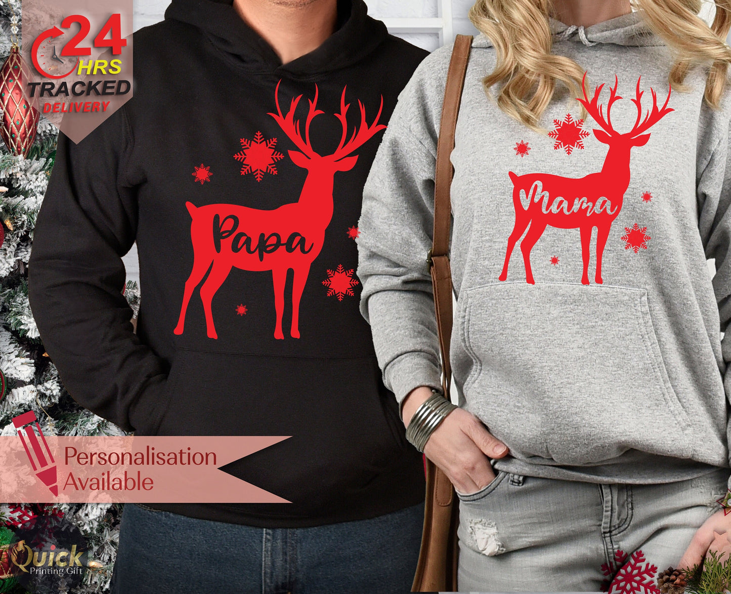 Personalized Christmas Reindeer Hoodies: Matching Couple Hoodies