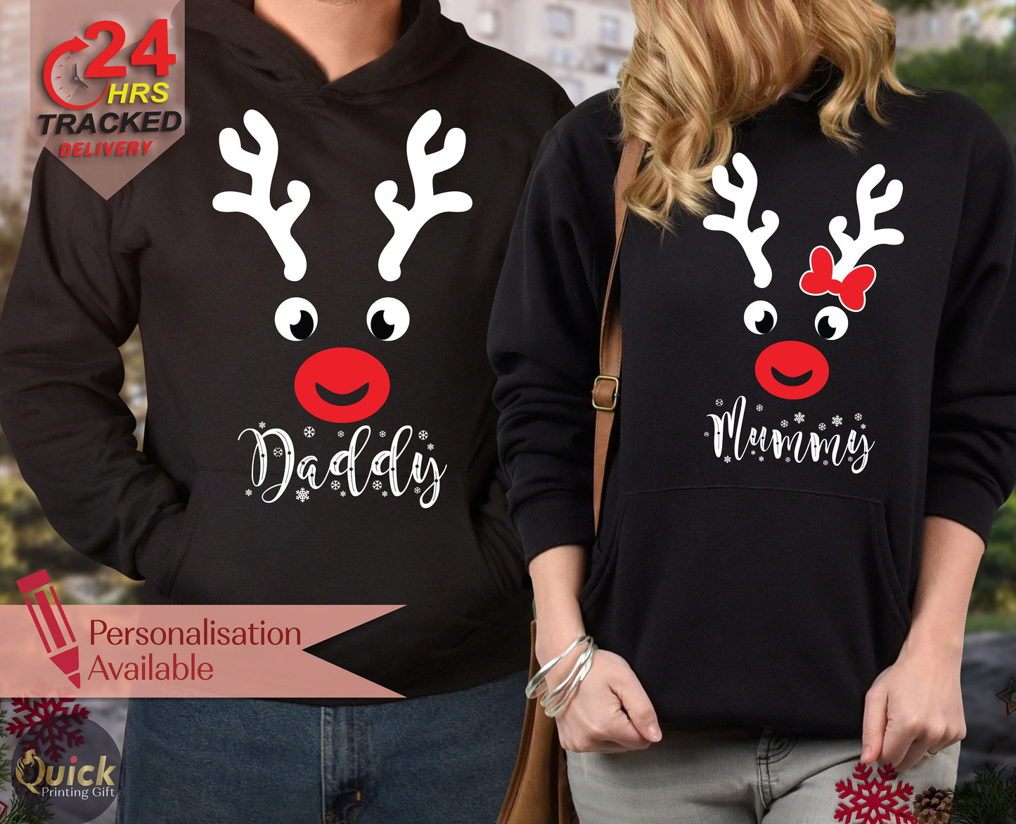 Personalized Reindeer Family Christmas Hoodie: Matching Cotton-Blend Outfits