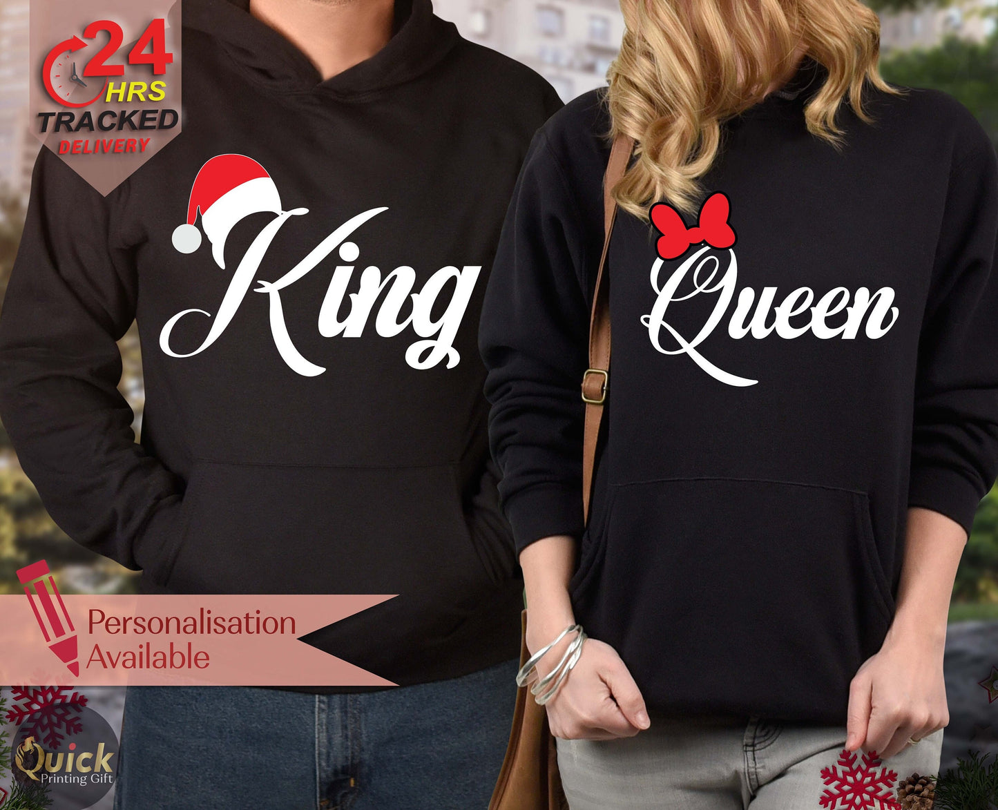 King Queen Matching Christmas Hoodies: Couple Holiday Outfits