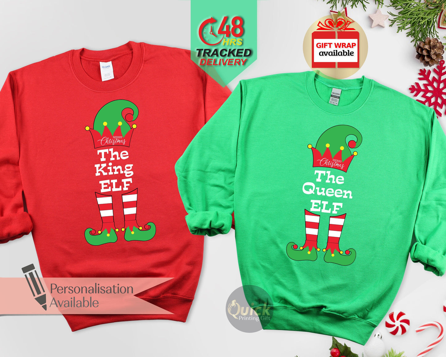 Matching King Queen Elf Christmas Sweatshirt: Funny Couple Jumpers