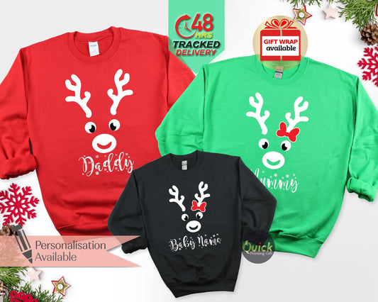 Personalized Christmas Reindeer Sweatshirt: Matching Family Jumpers