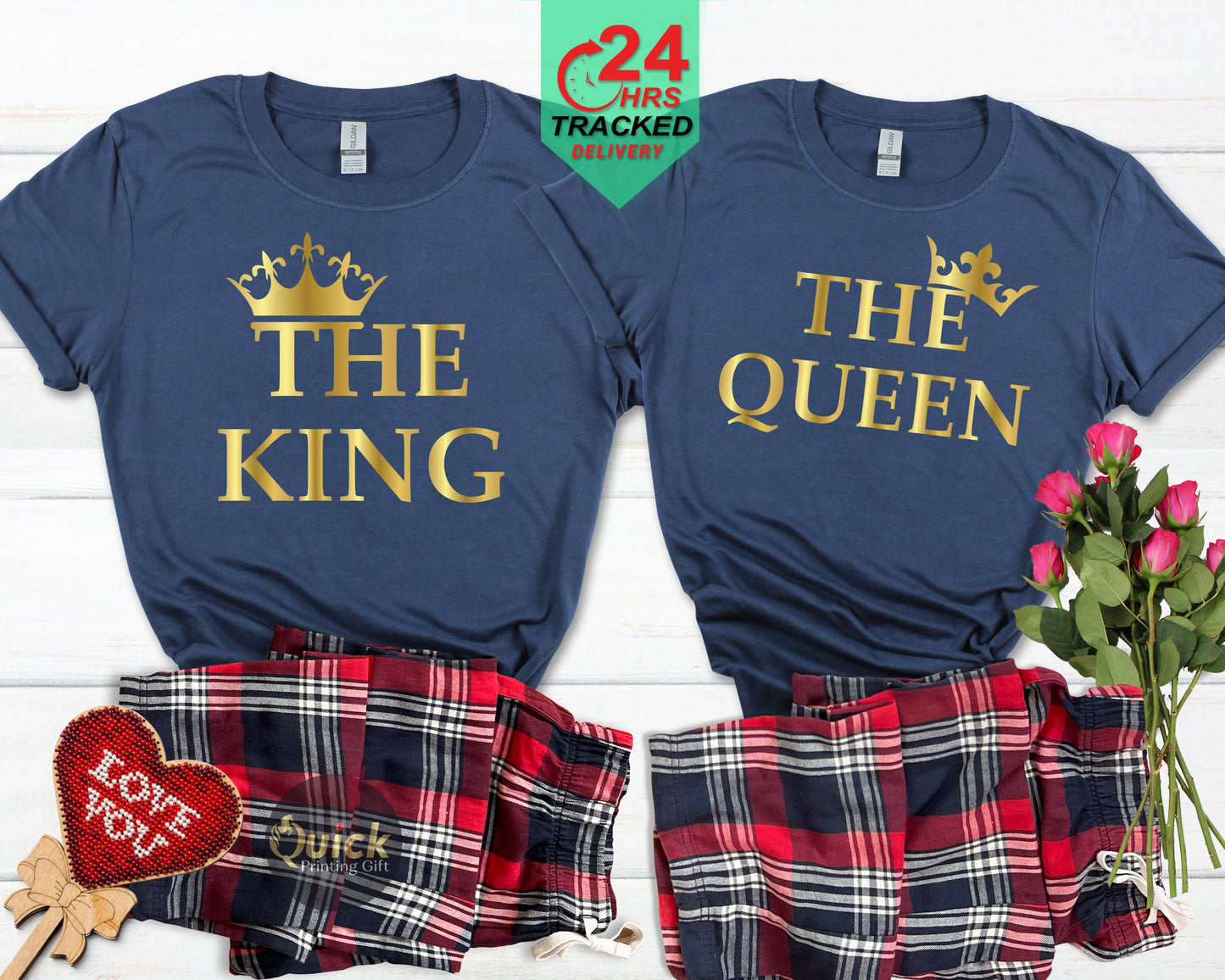 King & Queen Matching Pajama Set: Flannel Bottoms, Soft Cotton Tees